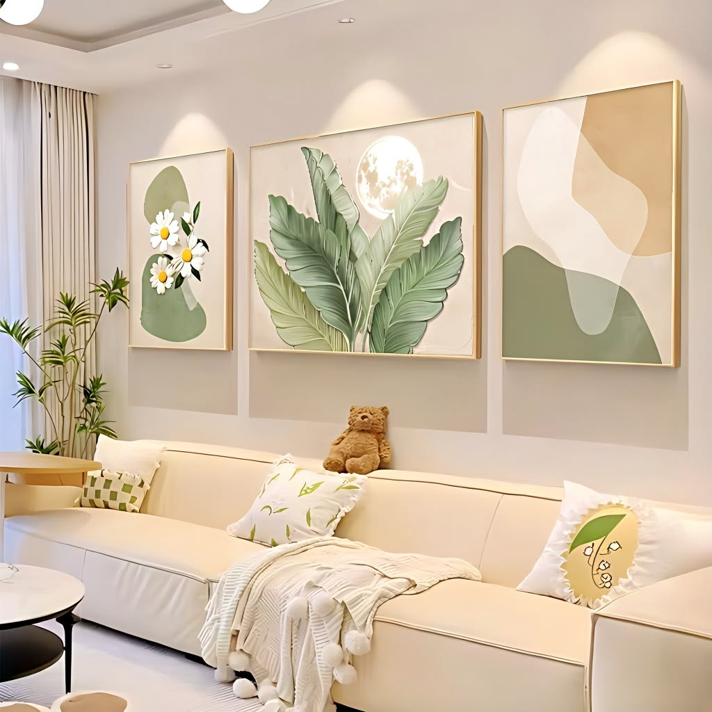 Bộ 3 Tranh treo tường lá cây xanh phong cách Bắc Âu kem trang trí phòng khách sofa cao cấp - Ảnh 2