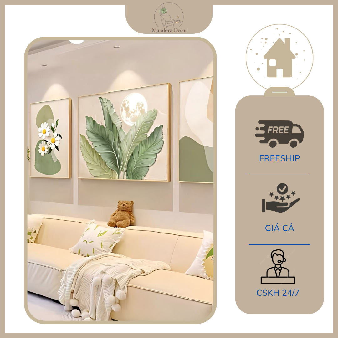 Bộ 3 Tranh treo tường lá cây xanh phong cách Bắc Âu kem trang trí phòng khách sofa cao cấp