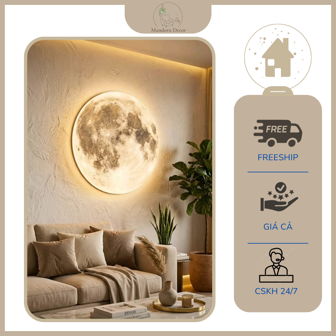 Tranh mặt trăng đèn led / Trah tráng gương hình mặt trăng treo tường,phòng khách,phòng ngủ