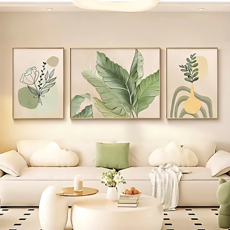 Bộ 3 Tranh treo tường lá cây xanh phong cách Bắc Âu kem trang trí phòng khách sofa cao cấp - Ảnh 3