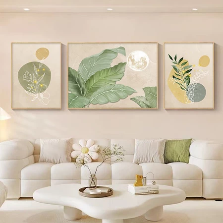 Bộ 3 Tranh treo tường lá cây xanh phong cách Bắc Âu kem trang trí phòng khách sofa cao cấp - Ảnh 4