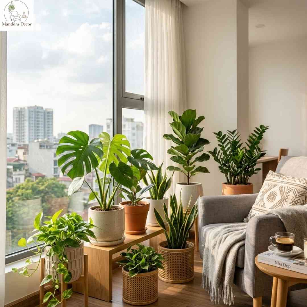 Chậu cây decor trong nhà đặt cạnh cửa sổ